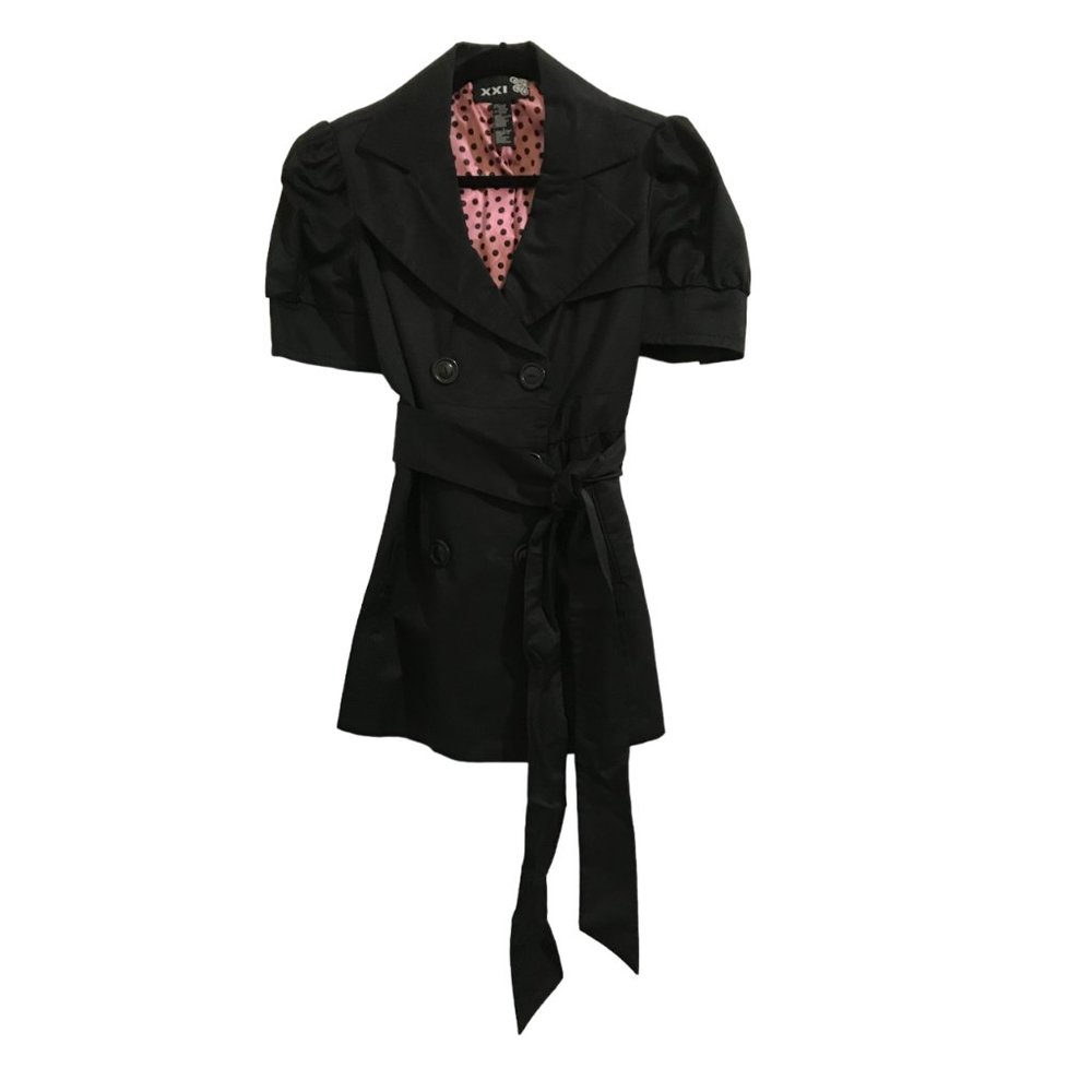 XXI Black Short Sleeve Trench Coat with Pink Polka Dot Lining & Tie Belt (L)